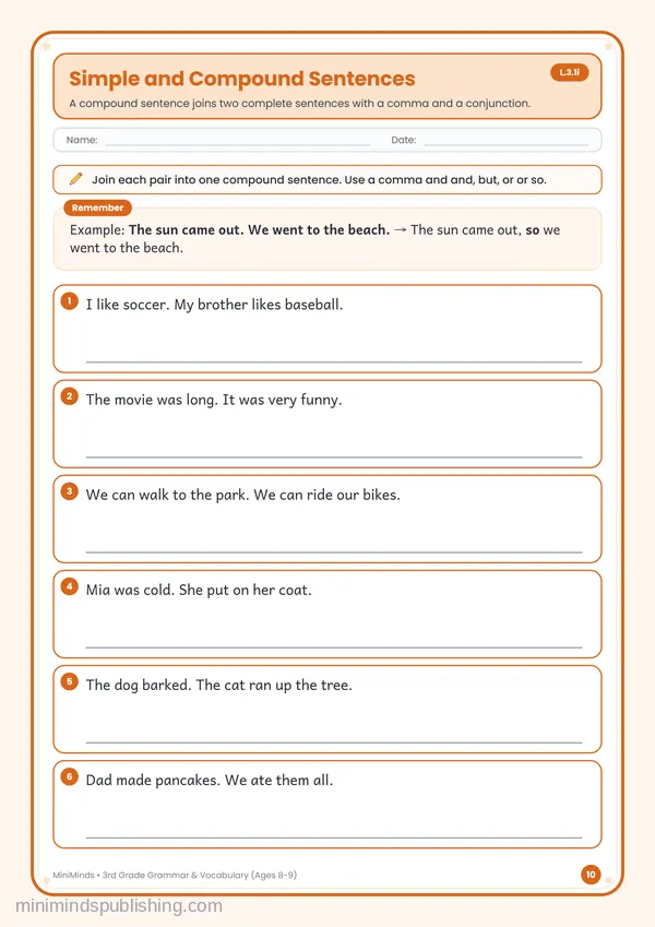 Simple and Compound Sentences — free printable 3rd Grade worksheet