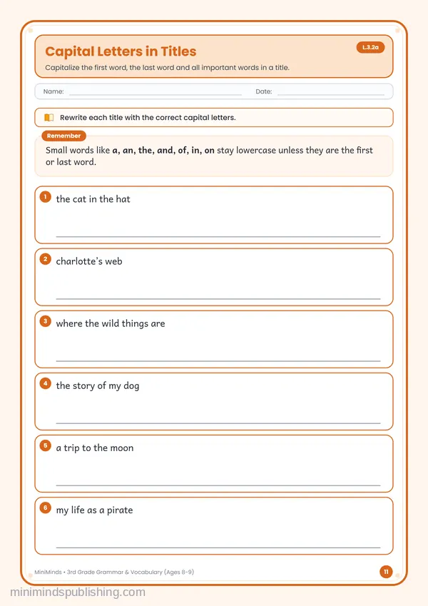 Capital Letters in Titles — free printable 3rd Grade worksheet
