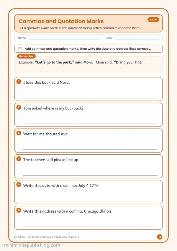 Commas and Quotation Marks — free printable 3rd Grade worksheet