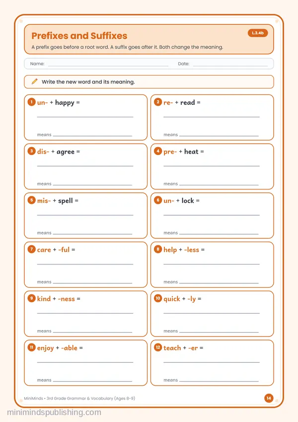 Prefixes and Suffixes — free printable 3rd Grade worksheet