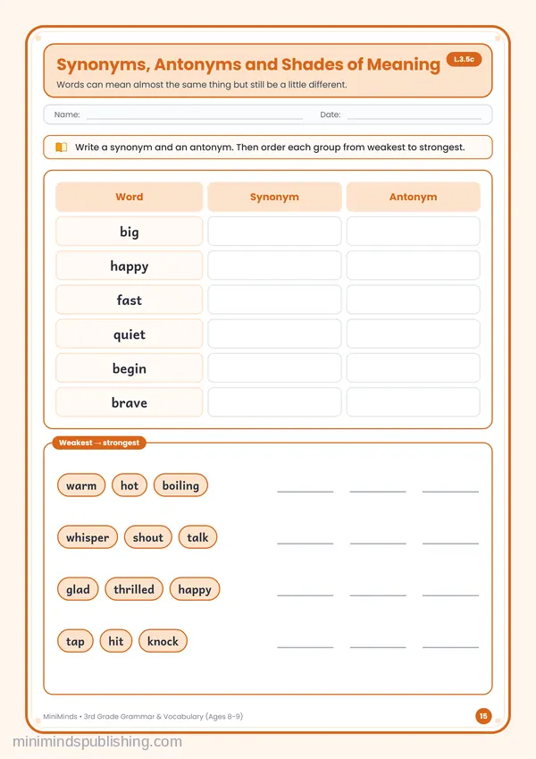 Synonyms, Antonyms and Shades of Meaning — free printable 3rd Grade worksheet