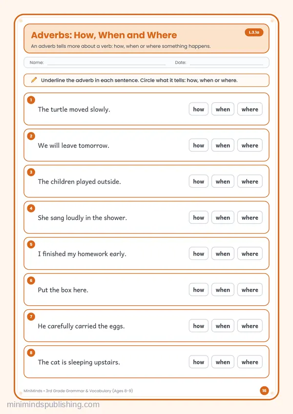 Adverbs: How, When and Where — free printable 3rd Grade worksheet