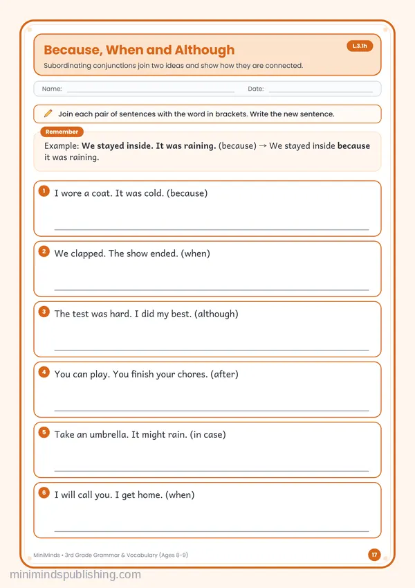 Because, When and Although — free printable 3rd Grade worksheet