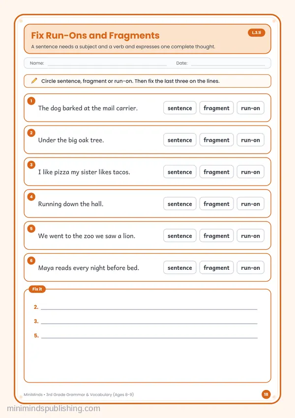 Fix Run-Ons and Fragments — free printable 3rd Grade worksheet