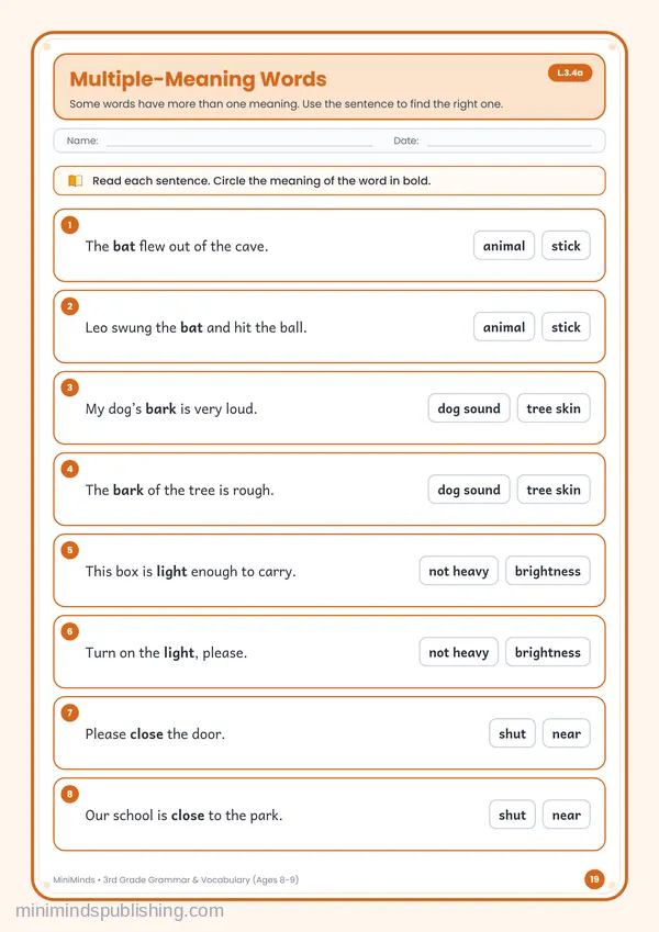 Multiple-Meaning Words — free printable 3rd Grade worksheet