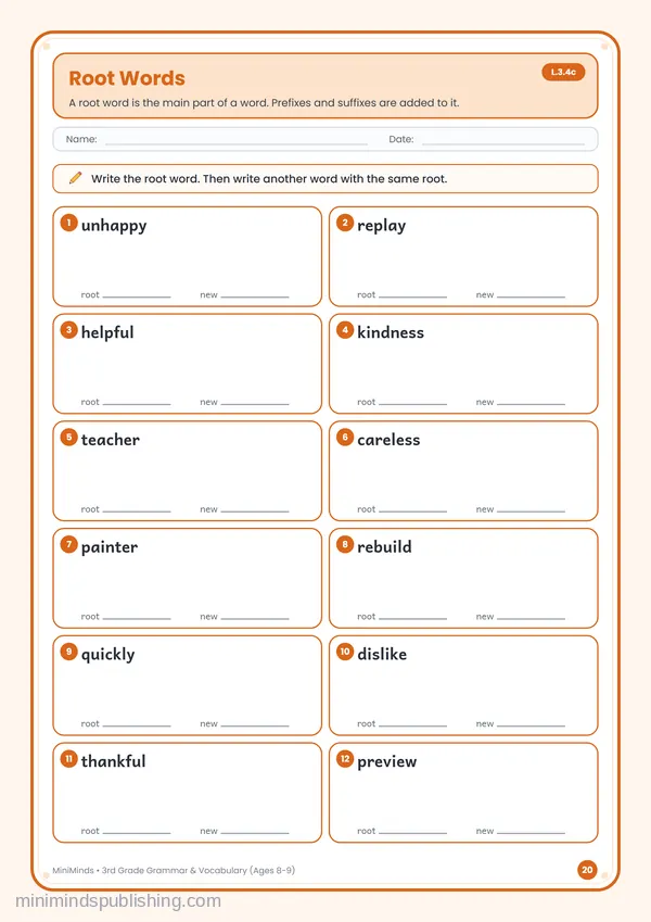 Root Words — free printable 3rd Grade worksheet