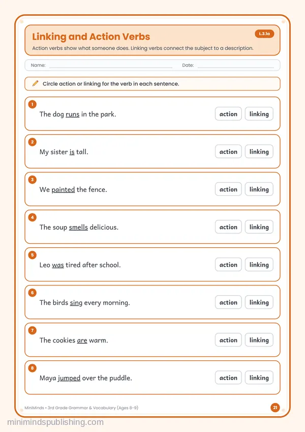Linking and Action Verbs — free printable 3rd Grade worksheet