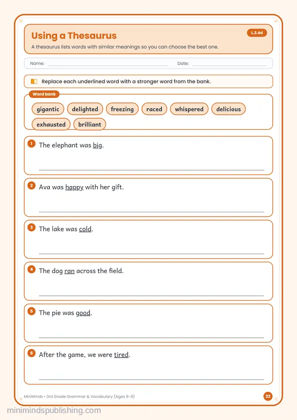 Using a Thesaurus — free printable 3rd Grade worksheet