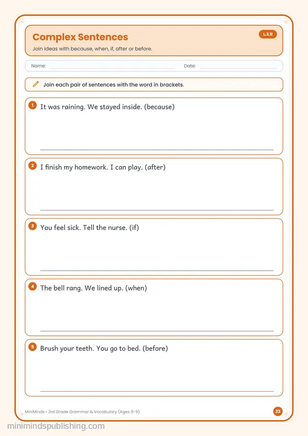 Complex Sentences — free printable 3rd Grade worksheet