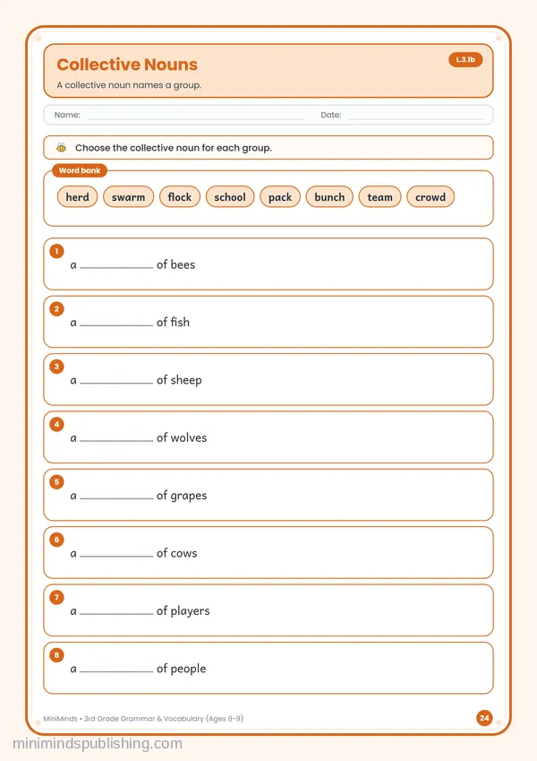 Collective Nouns — free printable 3rd Grade worksheet