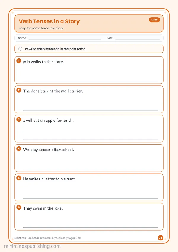 Verb Tenses in a Story — free printable 3rd Grade worksheet