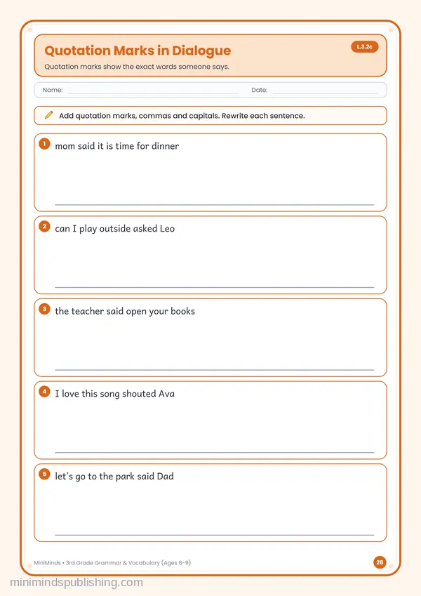 Quotation Marks in Dialogue — free printable 3rd Grade worksheet