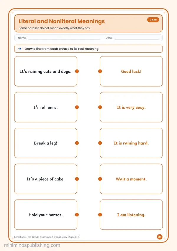 Literal and Nonliteral Meanings — free printable 3rd Grade worksheet
