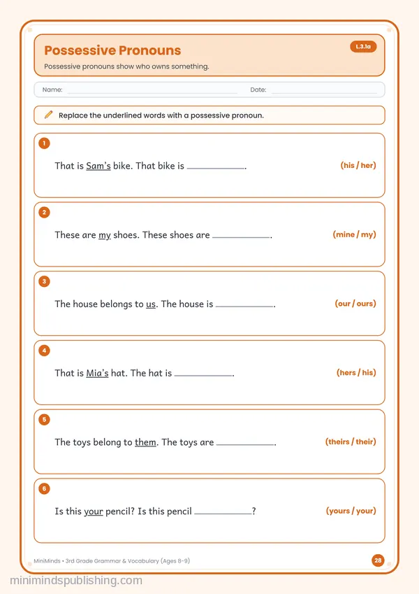 Possessive Pronouns — free printable 3rd Grade worksheet