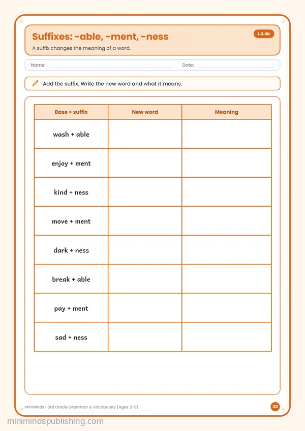 Suffixes: -able, -ment, -ness — free printable 3rd Grade worksheet