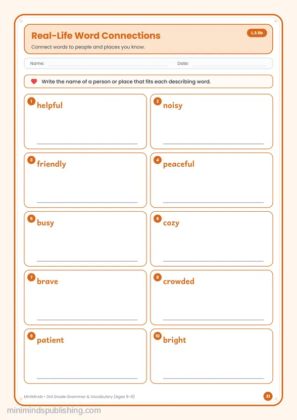 Real-Life Word Connections — free printable 3rd Grade worksheet