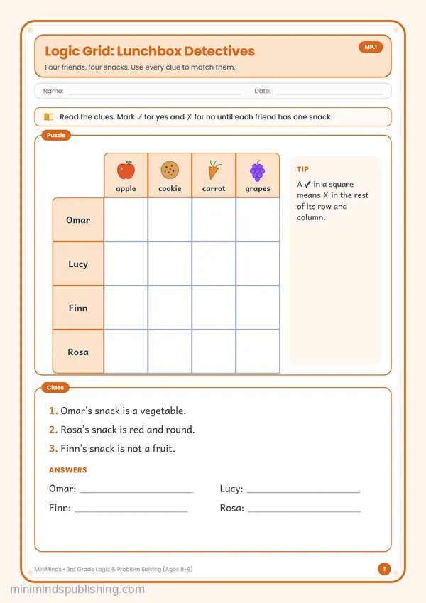 Logic Grid: Lunchbox Detectives — free printable 3rd Grade worksheet