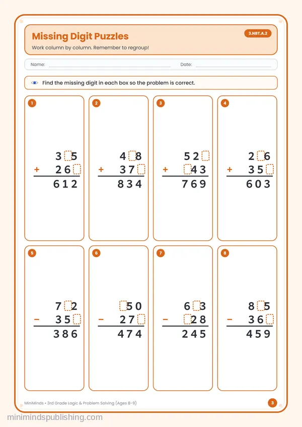 Missing Digit Puzzles — free printable 3rd Grade worksheet