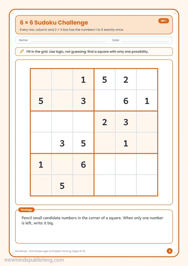 6 × 6 Sudoku Challenge — free printable 3rd Grade worksheet