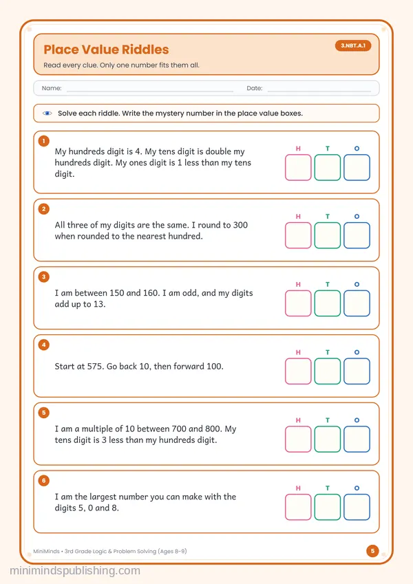 Place Value Riddles — free printable 3rd Grade worksheet