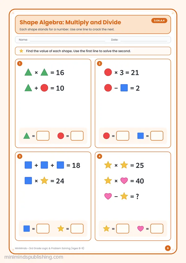 Shape Algebra: Multiply and Divide — free printable 3rd Grade worksheet
