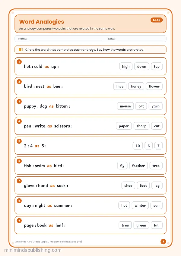 Word Analogies — free printable 3rd Grade worksheet