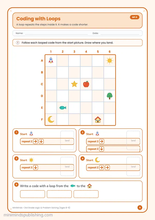 Coding with Loops — free printable 3rd Grade worksheet