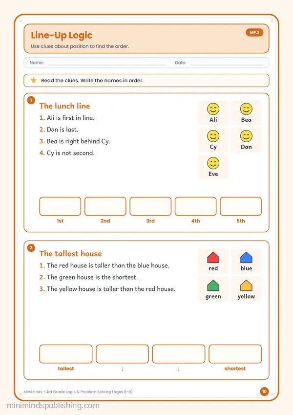 Line-Up Logic — free printable 3rd Grade worksheet