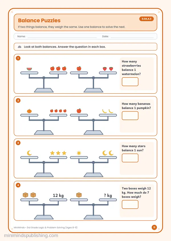Balance Puzzles — free printable 3rd Grade worksheet