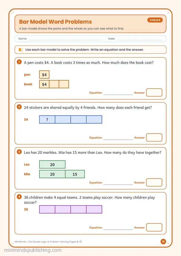 Bar Model Word Problems — free printable 3rd Grade worksheet