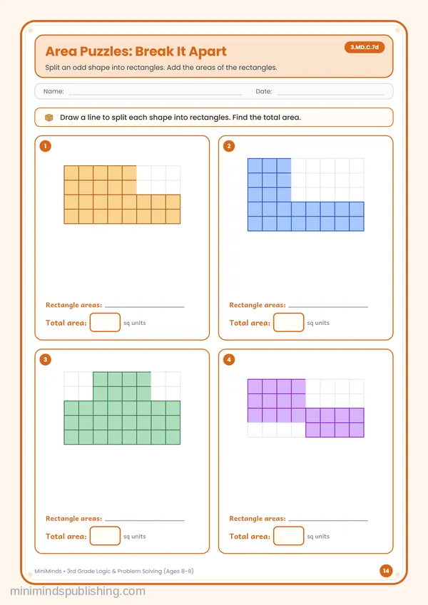Area Puzzles: Break It Apart — free printable 3rd Grade worksheet