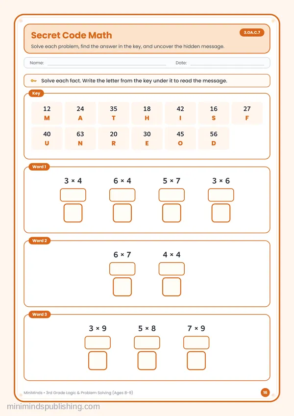 Secret Code Math — free printable 3rd Grade worksheet