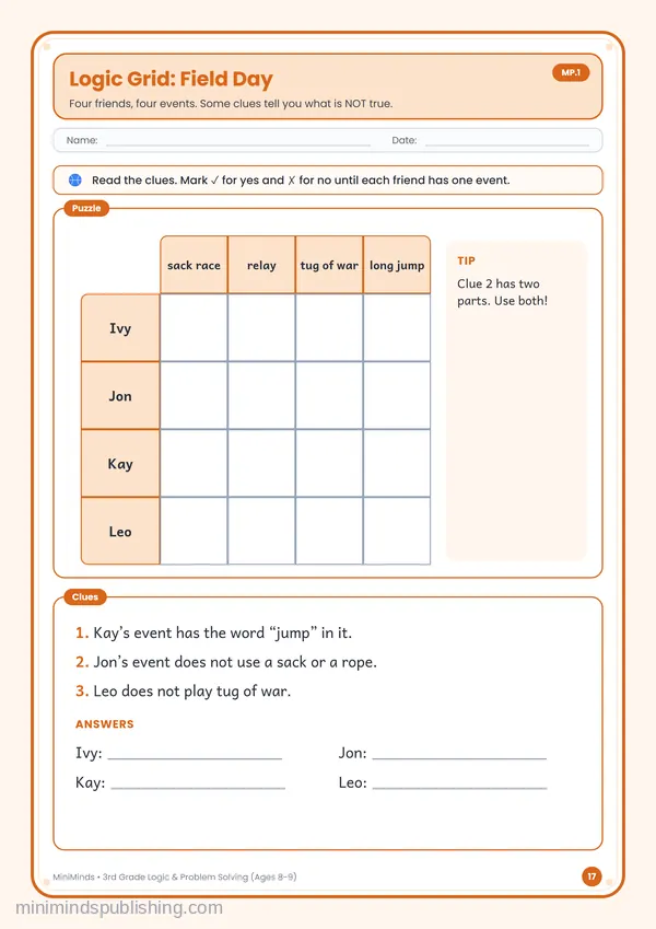 Logic Grid: Field Day — free printable 3rd Grade worksheet