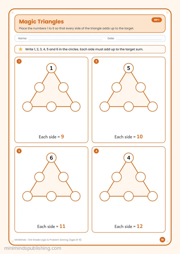 Magic Triangles — free printable 3rd Grade worksheet