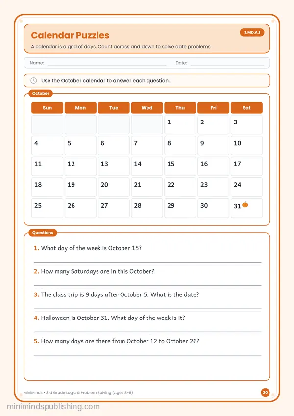 Calendar Puzzles — free printable 3rd Grade worksheet
