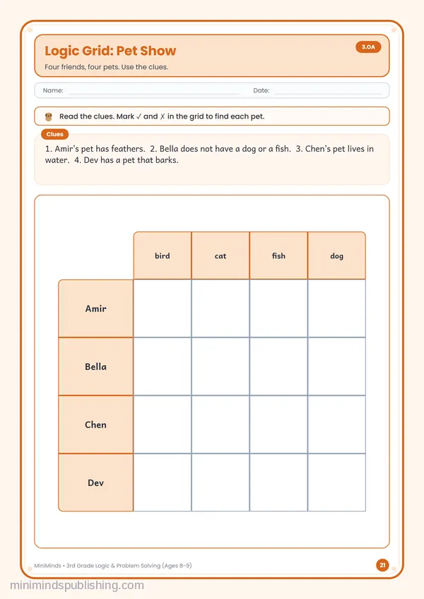 Logic Grid: Pet Show — free printable 3rd Grade worksheet