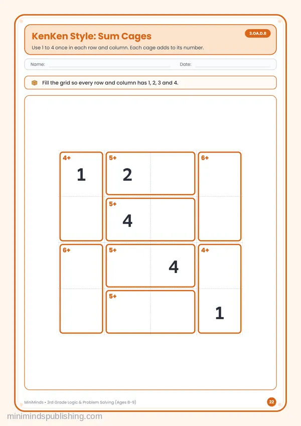 KenKen Style: Sum Cages — free printable 3rd Grade worksheet