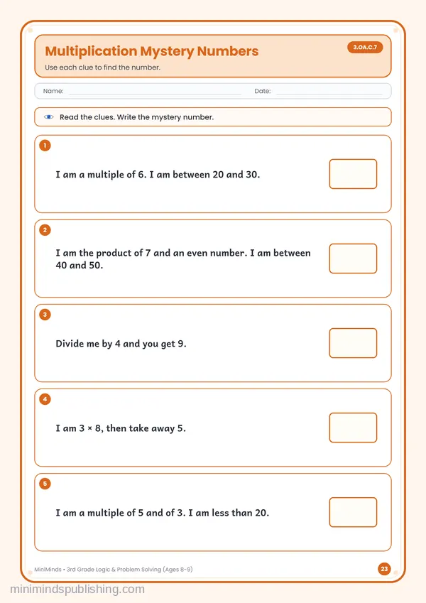 Multiplication Mystery Numbers — free printable 3rd Grade worksheet