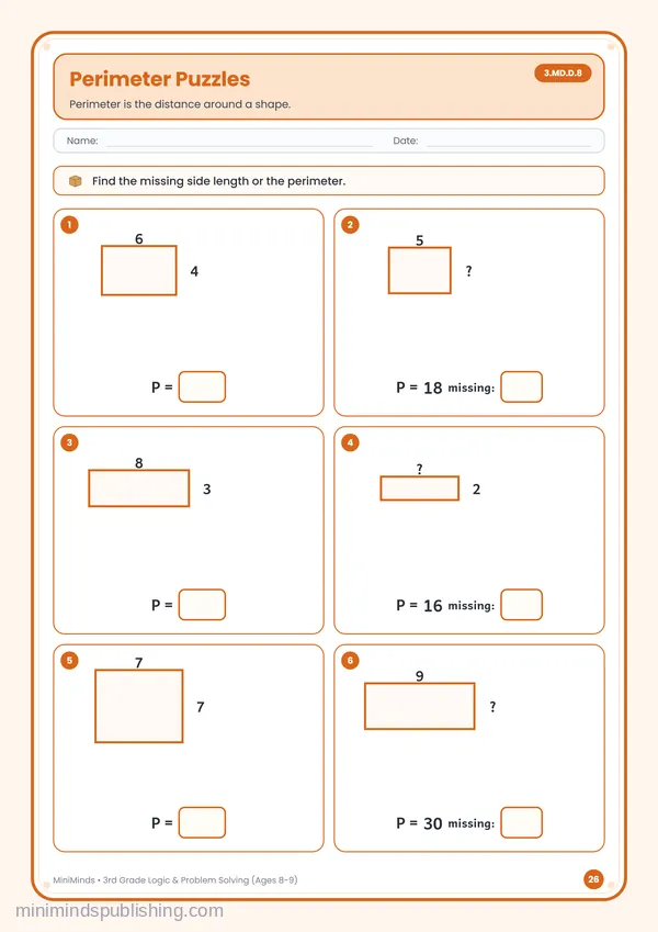 Perimeter Puzzles — free printable 3rd Grade worksheet
