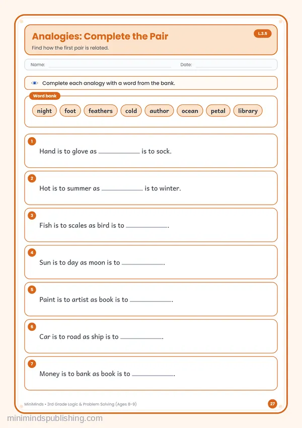 Analogies: Complete the Pair — free printable 3rd Grade worksheet