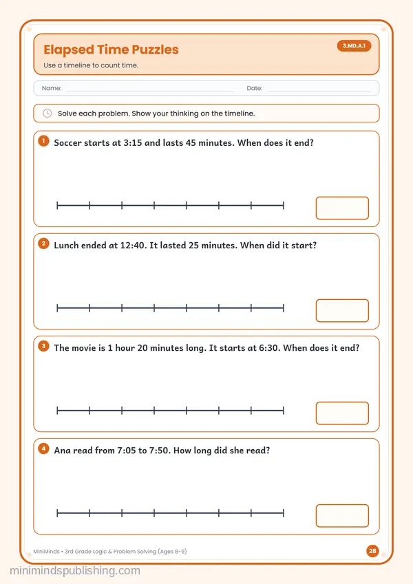 Elapsed Time Puzzles — free printable 3rd Grade worksheet