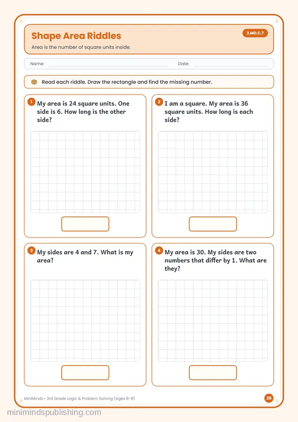 Shape Area Riddles — free printable 3rd Grade worksheet