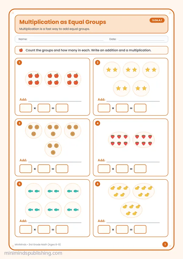 Multiplication as Equal Groups — free printable 3rd Grade worksheet
