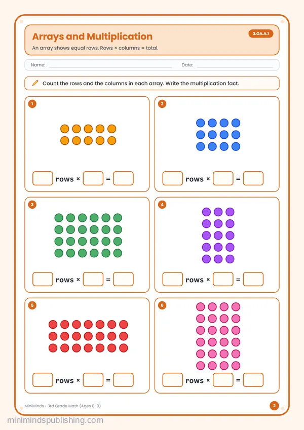 Arrays and Multiplication — free printable 3rd Grade worksheet