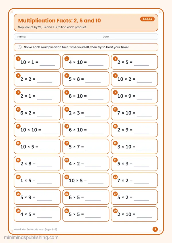 Multiplication Facts: 2, 5 and 10 — free printable 3rd Grade worksheet