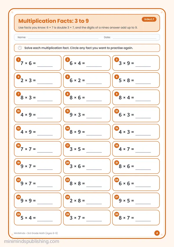 Multiplication Facts: 3 to 9 — free printable 3rd Grade worksheet