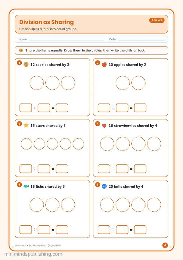 Division as Sharing — free printable 3rd Grade worksheet