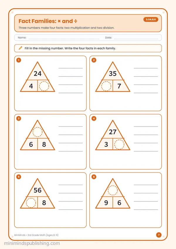 Fact Families: × and ÷ — free printable 3rd Grade worksheet