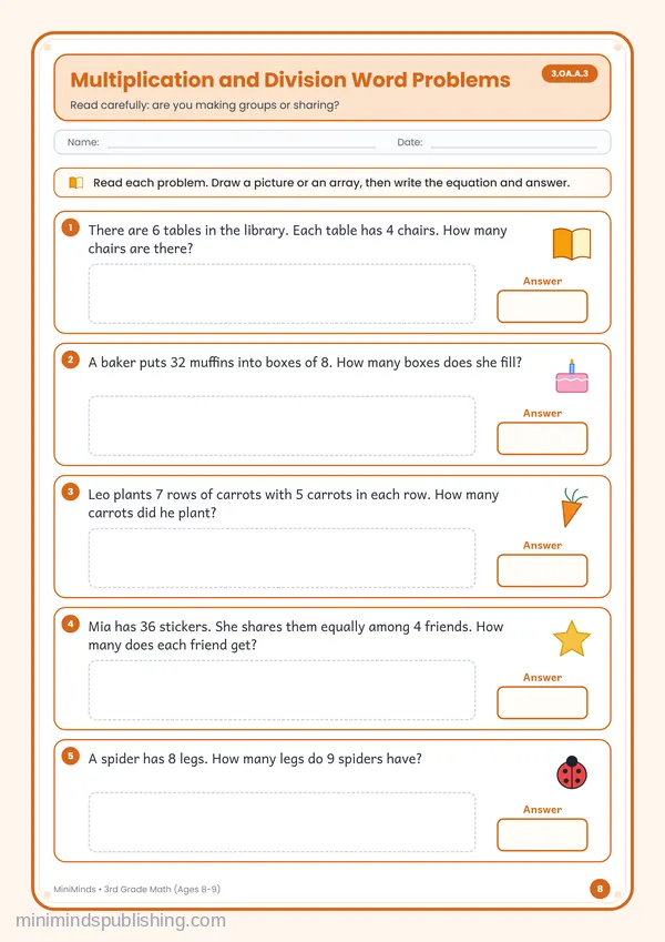 Multiplication and Division Word Problems — free printable 3rd Grade worksheet