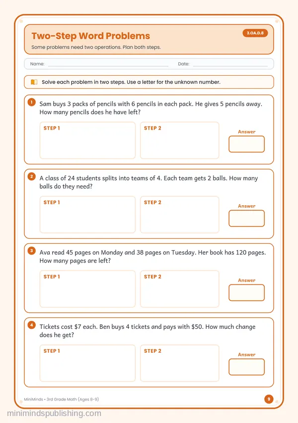 Two-Step Word Problems — free printable 3rd Grade worksheet